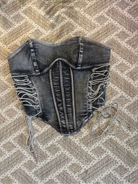 Washed Black Faux-Denim Lace-Up Corset Crop Top